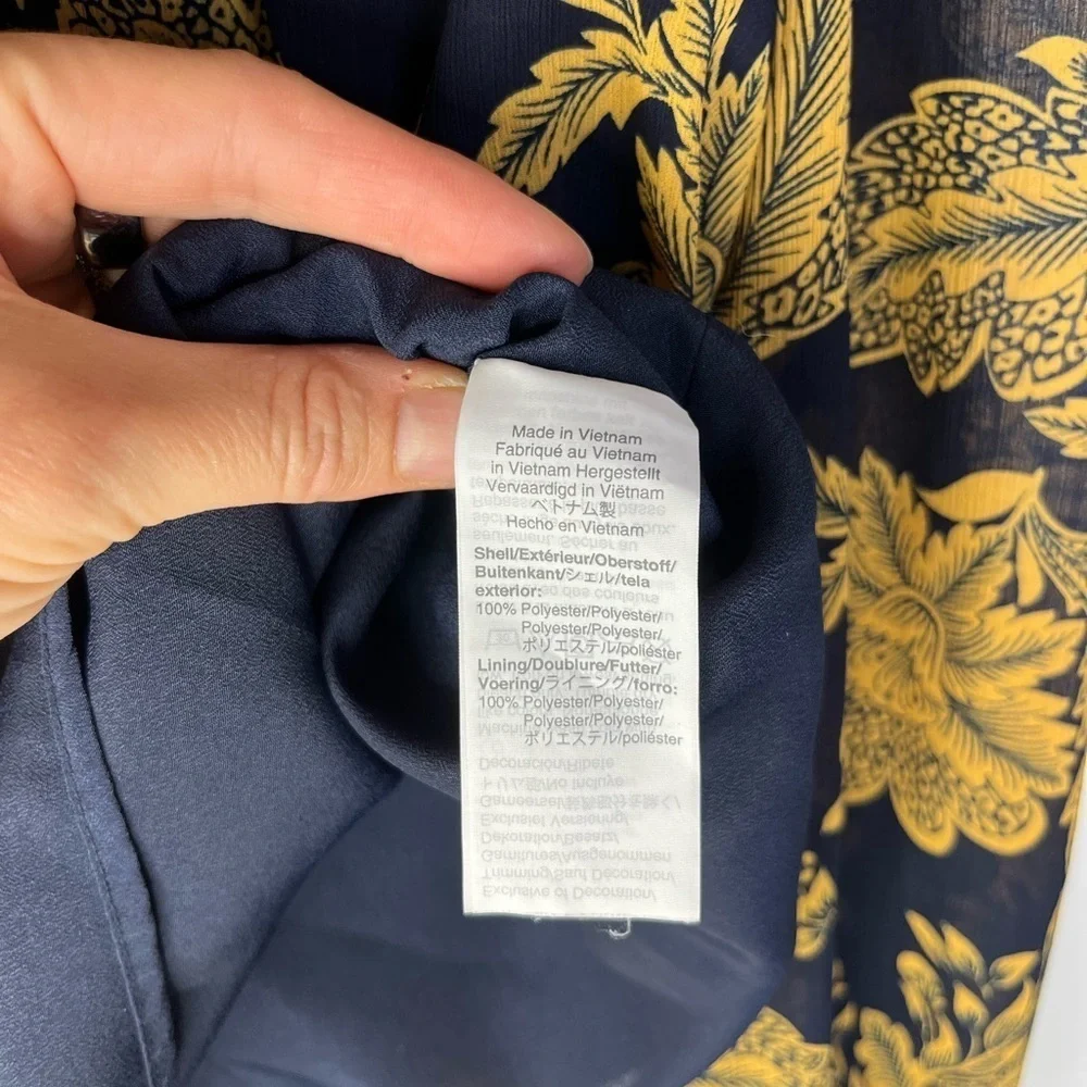 J Crew Smocked Ruched Chiffon Regal Gold Navy Floral Coquette Blouse Women Sz XS
